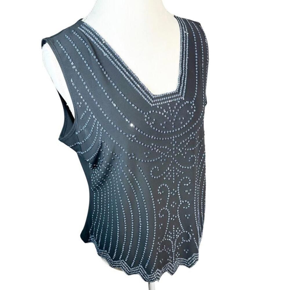 S. Levine Formal Beaded Front Tank Top Shell Black Stretch Knit Elegant Size XXL - Picture 10 of 11